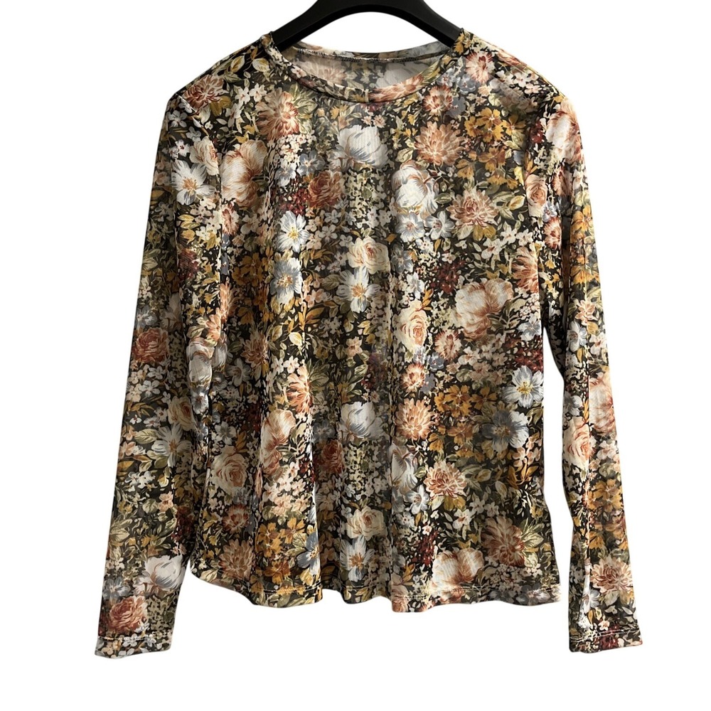 Sheer Mesh Top Womens 3X Brown Dark Floral Pullover Forrest Fairy Whimsigoth